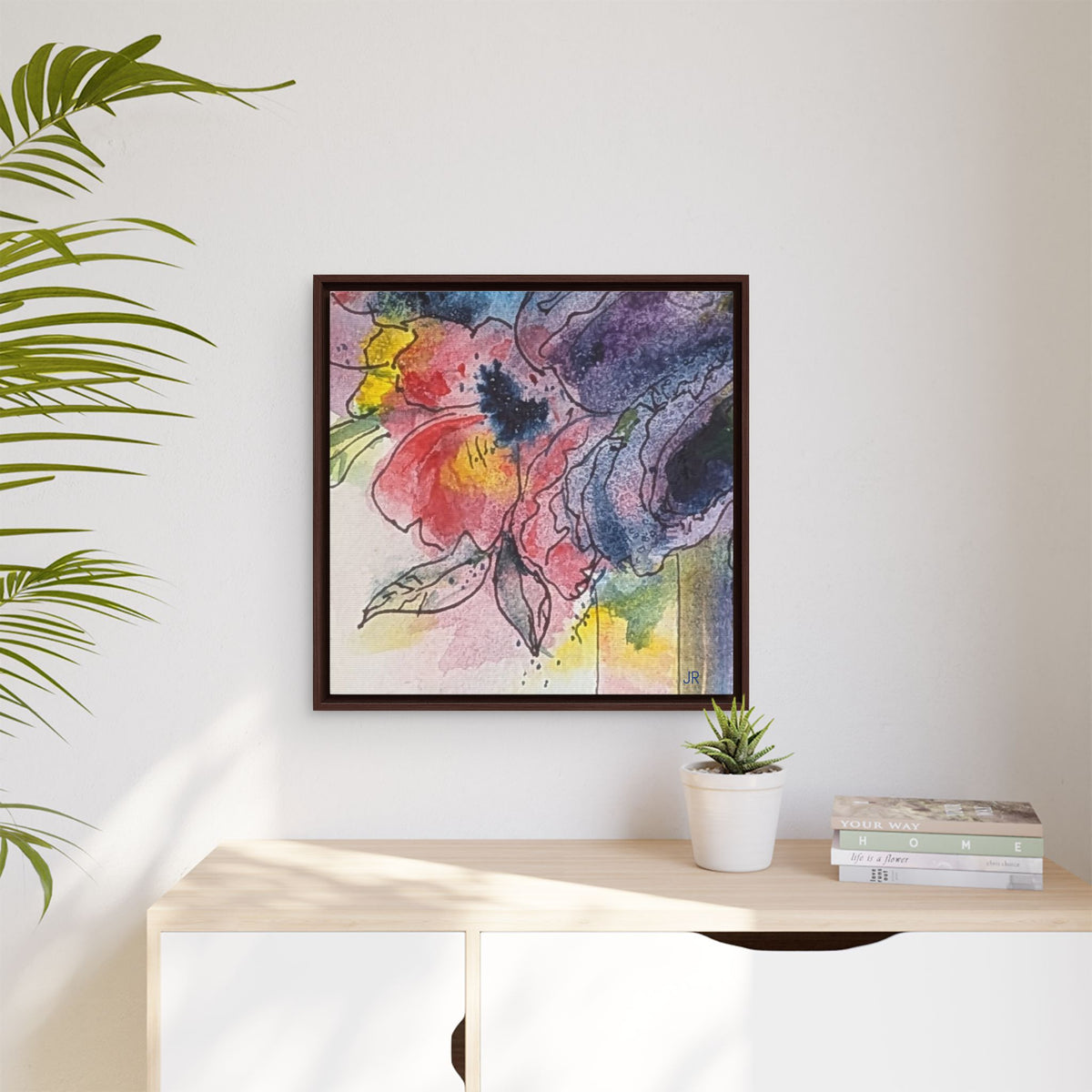 Framed Red Purple Floral Watercolor Canvas Print — Colorful Abstract Poppies