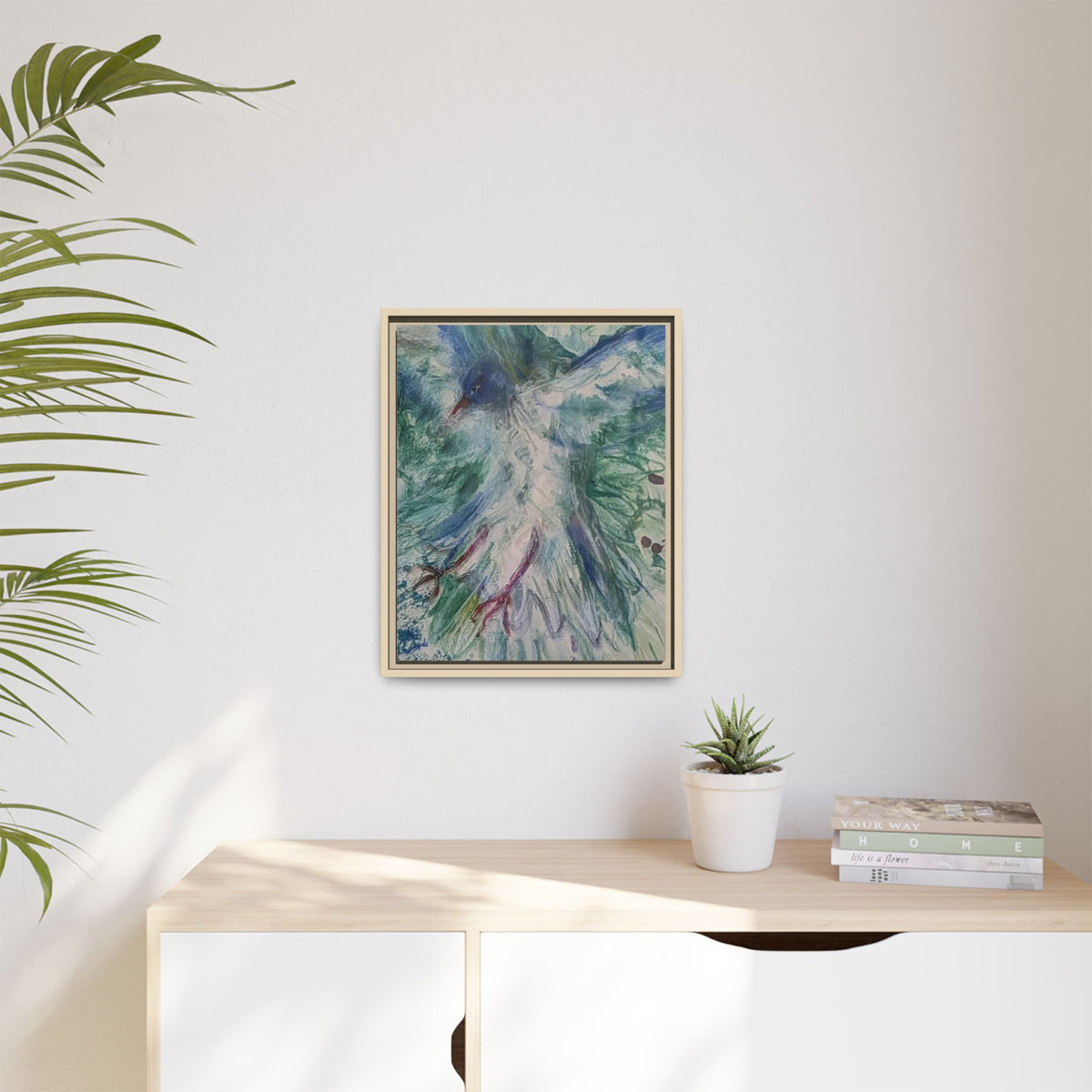 Abstract Blue-Green Bird Painting Matte Canvas