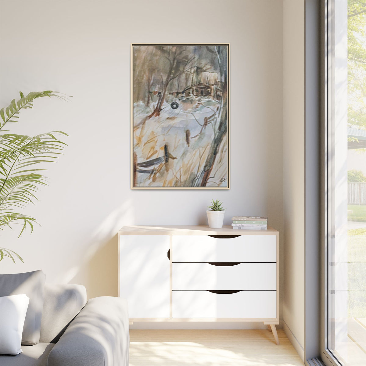 Winter Cabin Landscape Framed Canvas Print