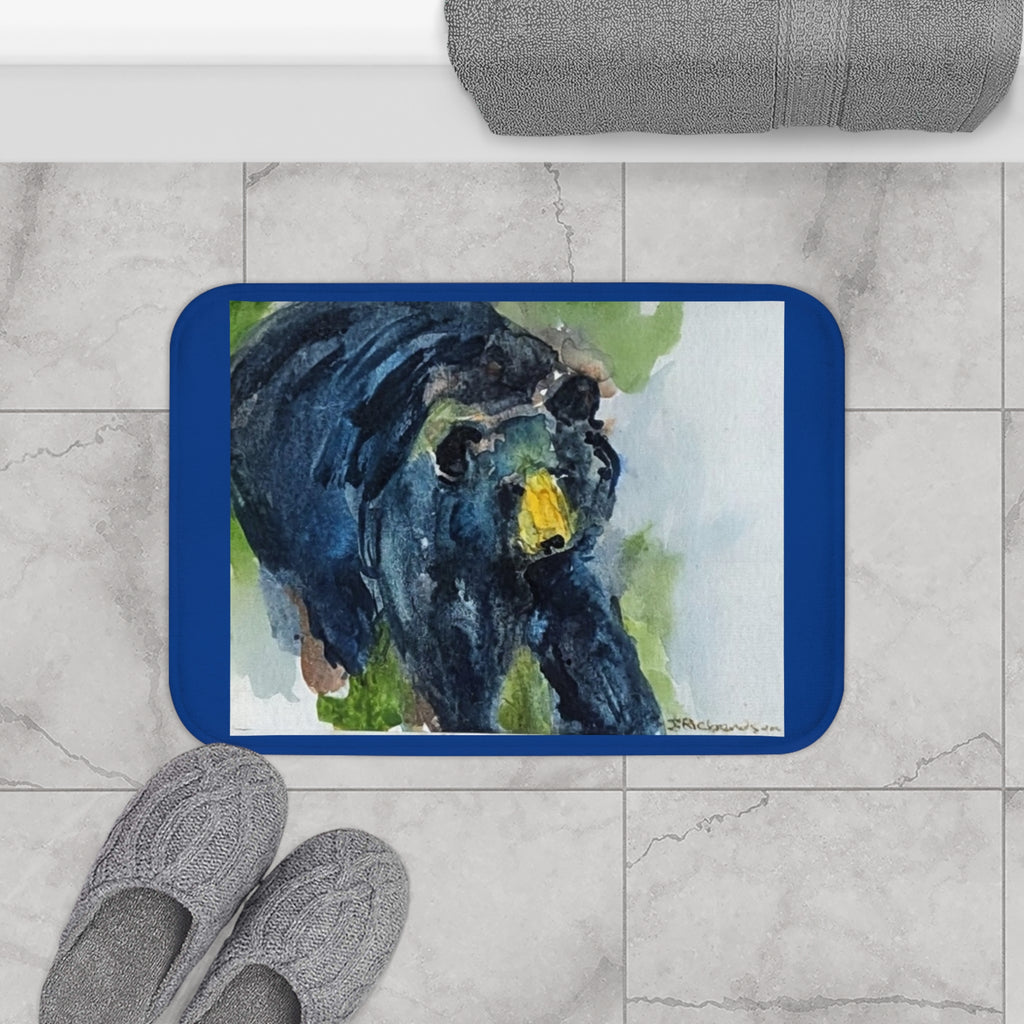 Black Bear Watercolor Bath Mat | Blue Border, Nature Wildlife