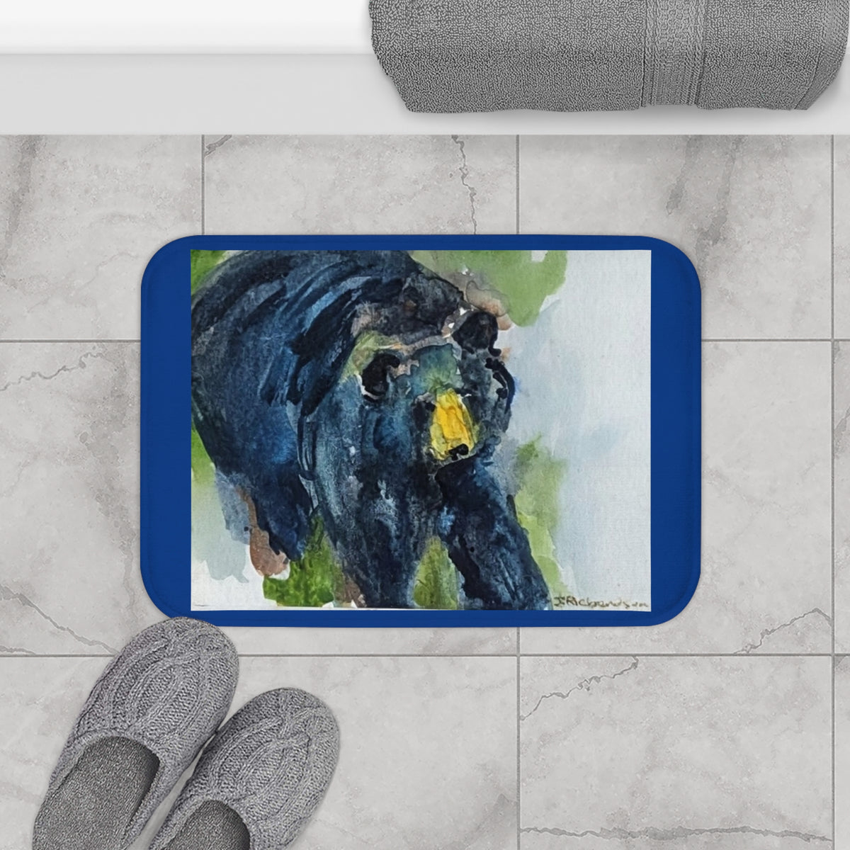 Black Bear Watercolor Bath Mat | Blue Border, Nature Wildlife