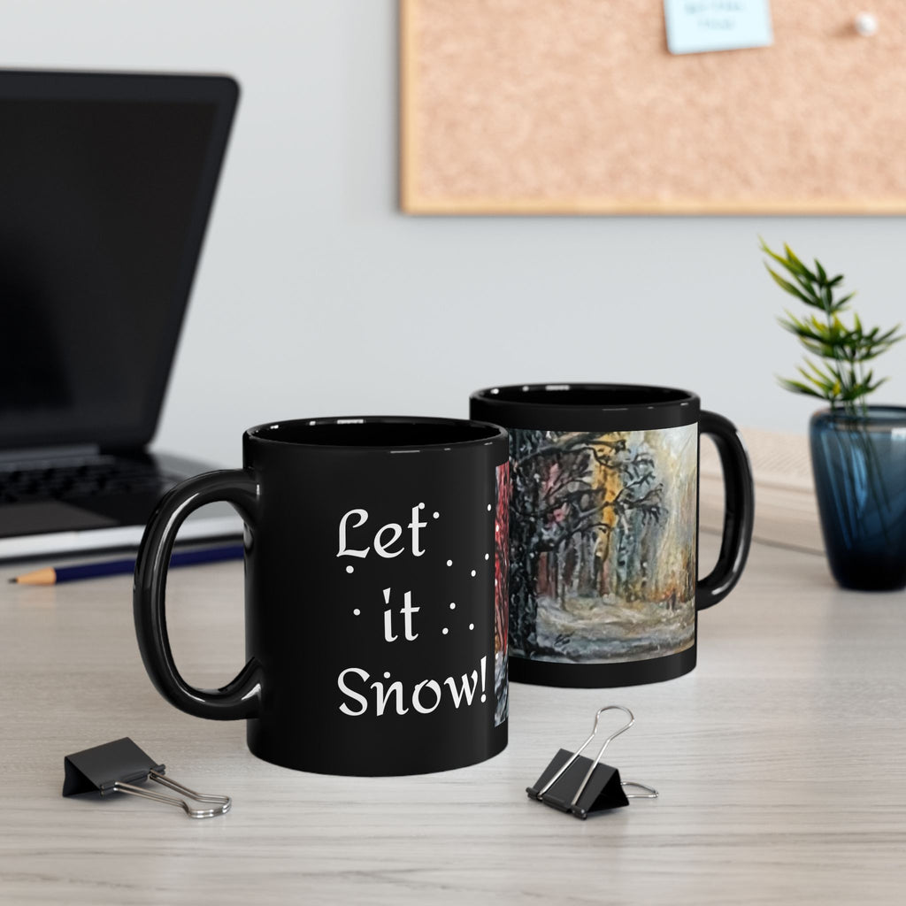 Snowy Forest Painting Mug | Snowy Tree Landscape on Black Ceramic