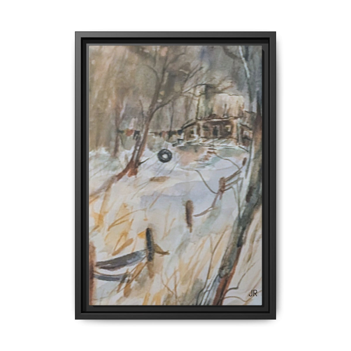 Winter Cabin Landscape Framed Canvas Print