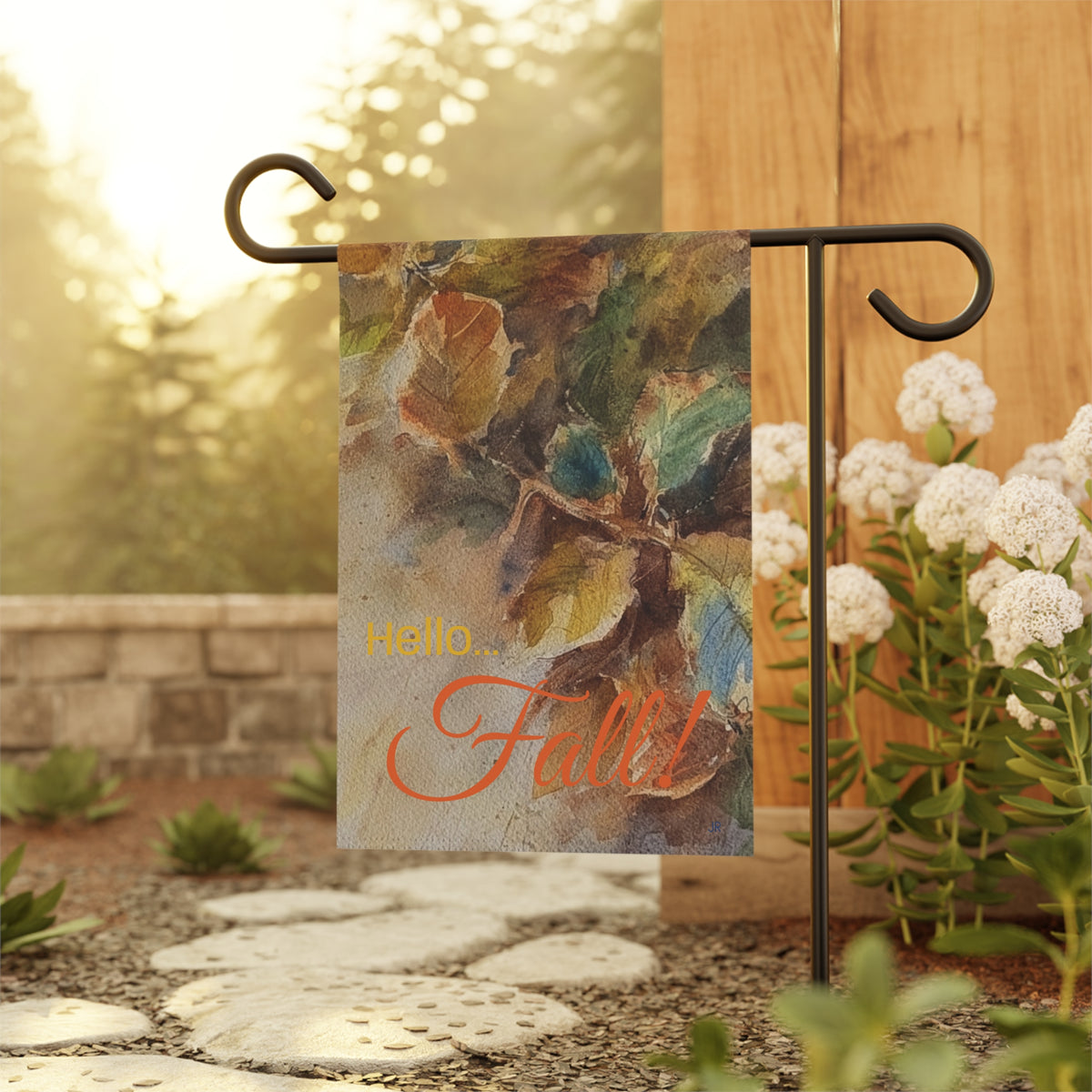Fall Garden Flag – "Hello Fall" Watercolor Leaves Garden Banner