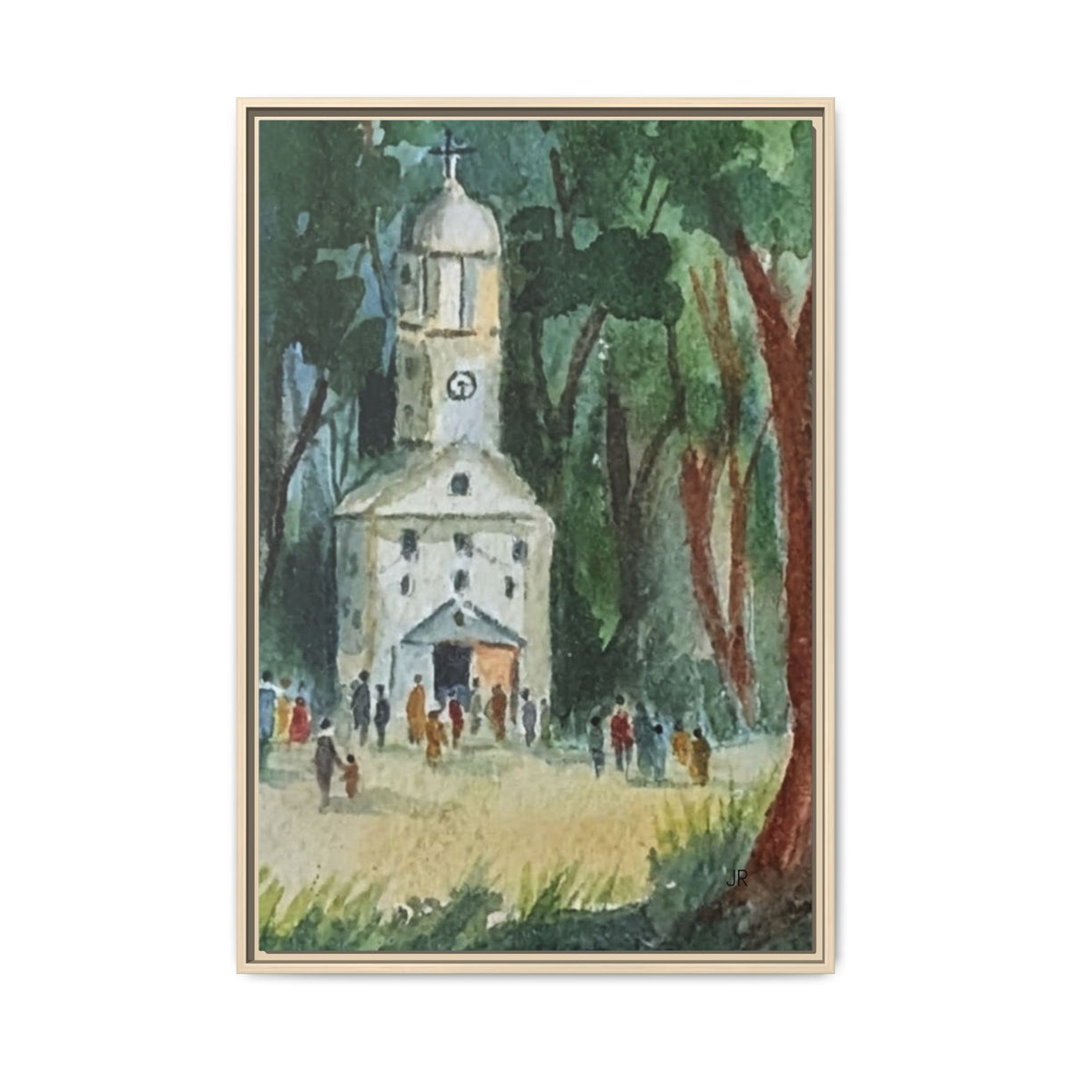 Watercolor Church Framed Matte Canvas Print  in Woodland Scene
