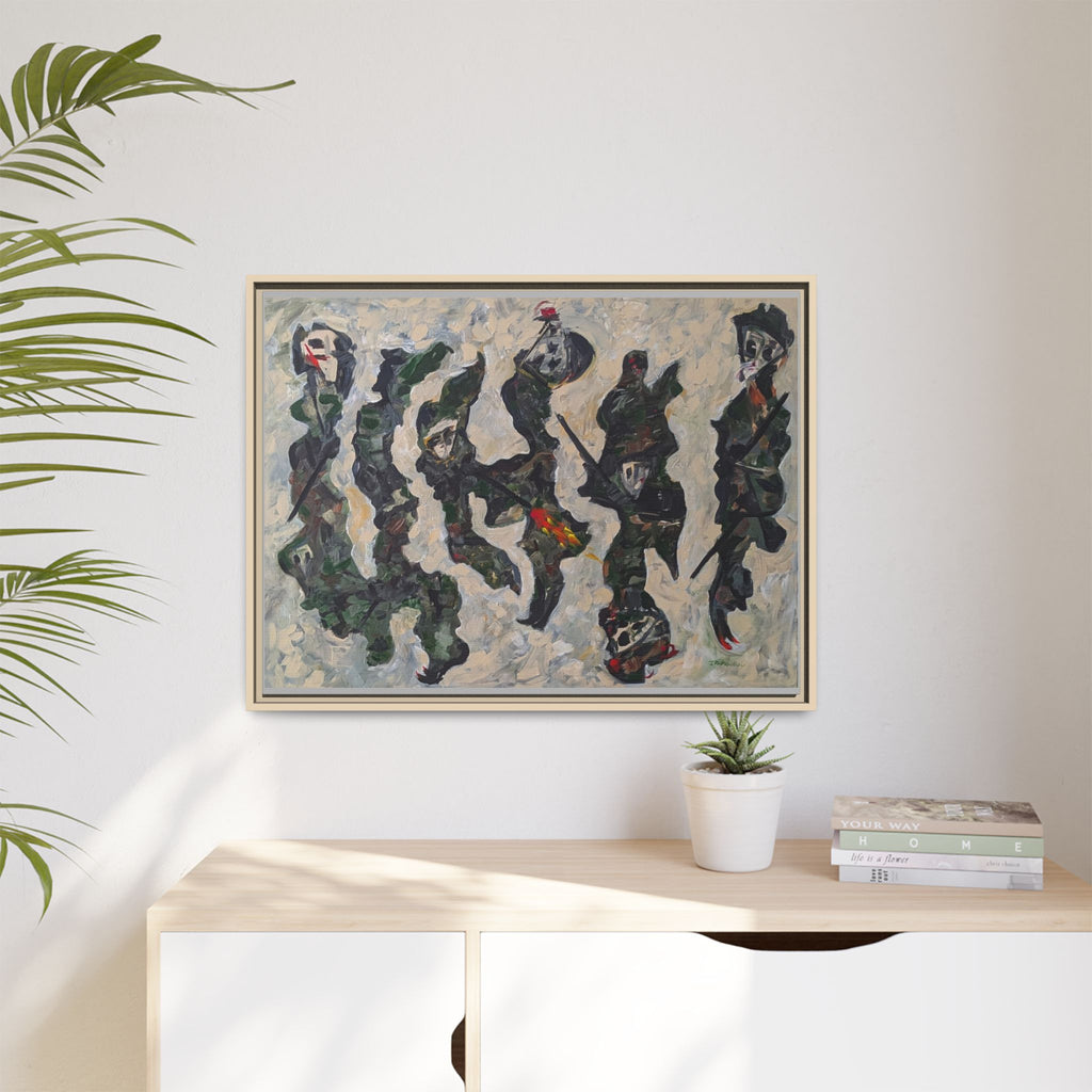 Abstract Military Figurative Matte Canvas Framed Wall Art — Multi‑Color