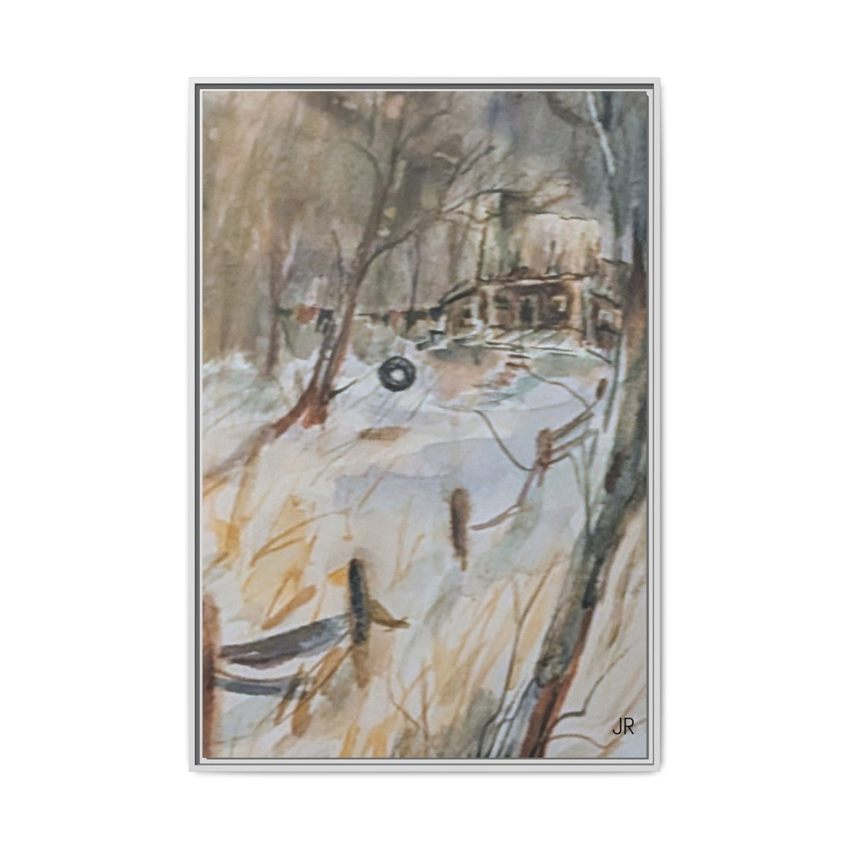 Winter Cabin Landscape Framed Canvas Print