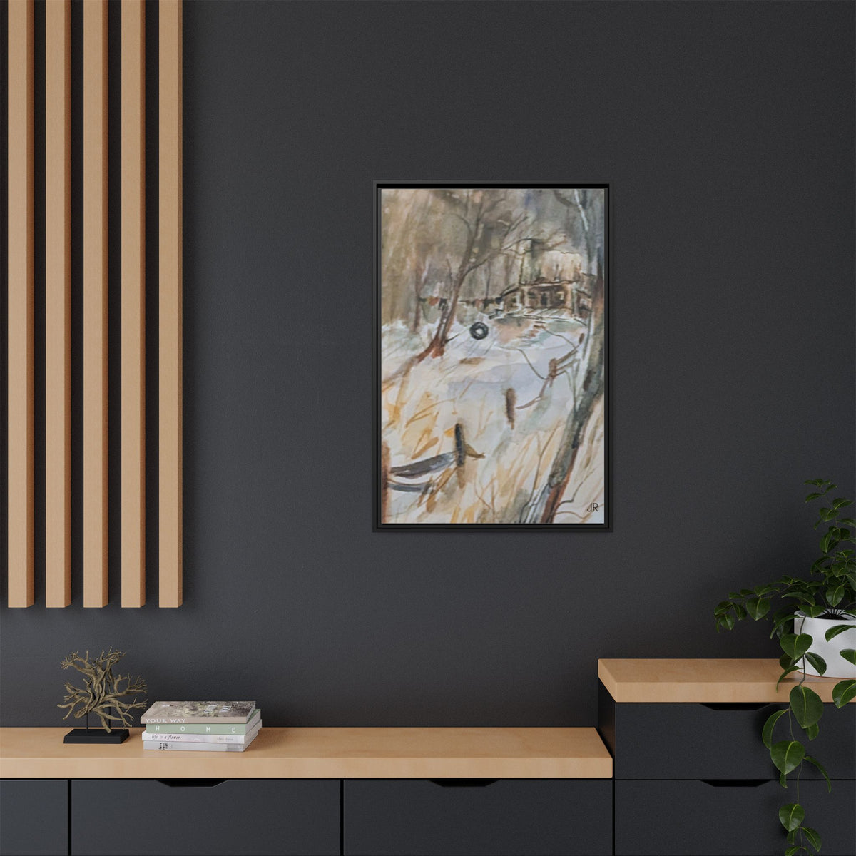 Winter Cabin Landscape Framed Canvas Print